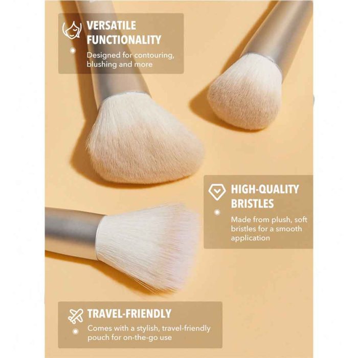An image of face brush set with comfortable soft handles various heads including foundation brush concealer powder blush highlighter with soft dense bristles for full coverage