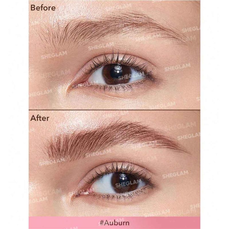 Auburn shade with copper undertone creates soft natural brows matching red warm brown or golden blonde hair long lasting no smudge sheglam