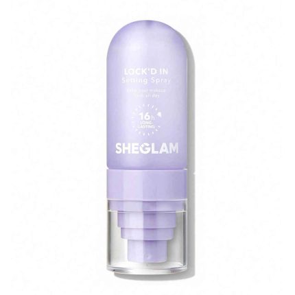 Clear or white spray bottle with minimal design and secure cap compact size ideal for daily use or carrying in bag body features clear Sheglam logo text Sheglam