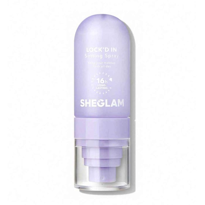 Clear or white spray bottle with minimal design and secure cap compact size ideal for daily use or carrying in bag body features clear Sheglam logo text Sheglam