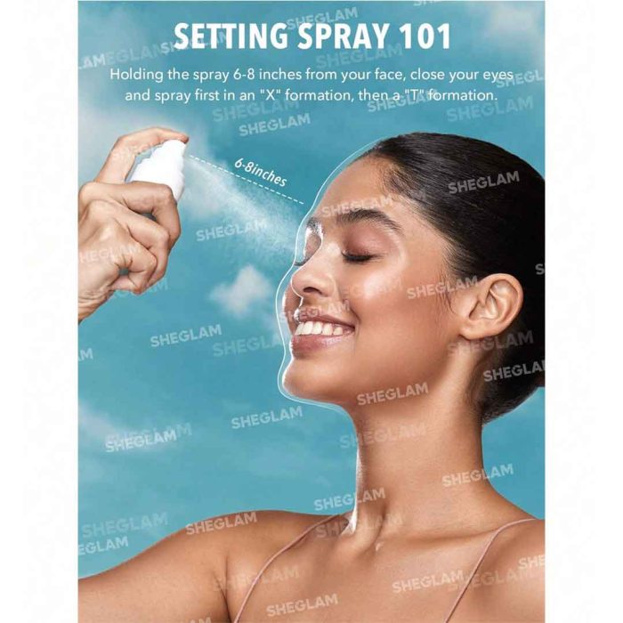 Close-up of Press Refresh mist on skin soft refreshing fine particles evenly dispersed designed to set makeup and provide weightless freshness Sheglam