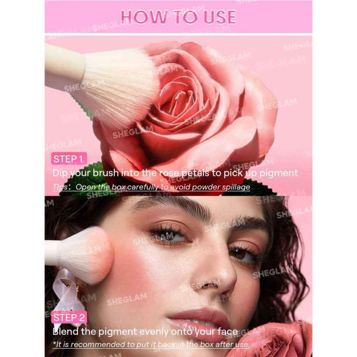 Close up of Ribbon Rose blush soft velvety texture mild warm pink color natural buildable coverage for fresh radiant look on cheeks Sheglam