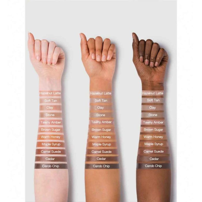 Close-up of Warm Honey contour texture on hand skin, honey brown with warm golden undertone, lightweight liquid texture, easy to blend, ideal for creating natural, seamless contour