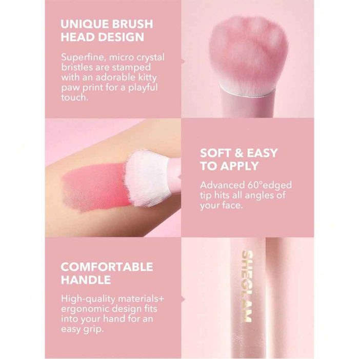Close up of brush with special cat paw shaped head soft dense bristles ideal for even blush and powder application delicate ergonomic design Sheglam