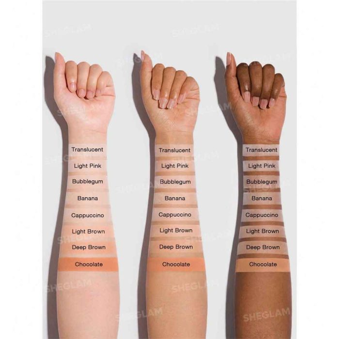 Closeup of fine soft velvety texture of Light Pink tinted setting powder on skin matte semi sheer finish reduces shine sheglam