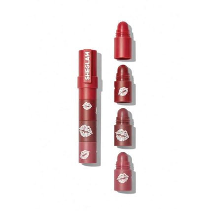 Four layer lipstick with creative minimal design nude pink cylindrical case with push button color switch ideal for quick use sheglam