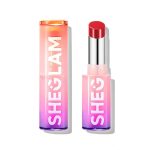 Minimal modern lipstick stick with clear body showing true product color metal cap matching lipstick shade easy to carry sheglam