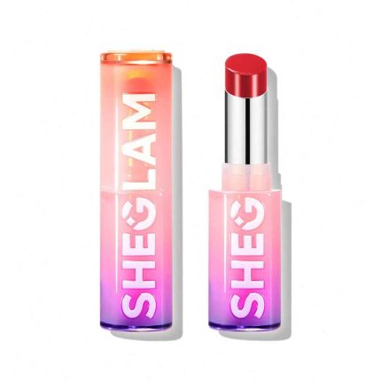Minimal modern lipstick stick with clear body showing true product color metal cap matching lipstick shade easy to carry sheglam