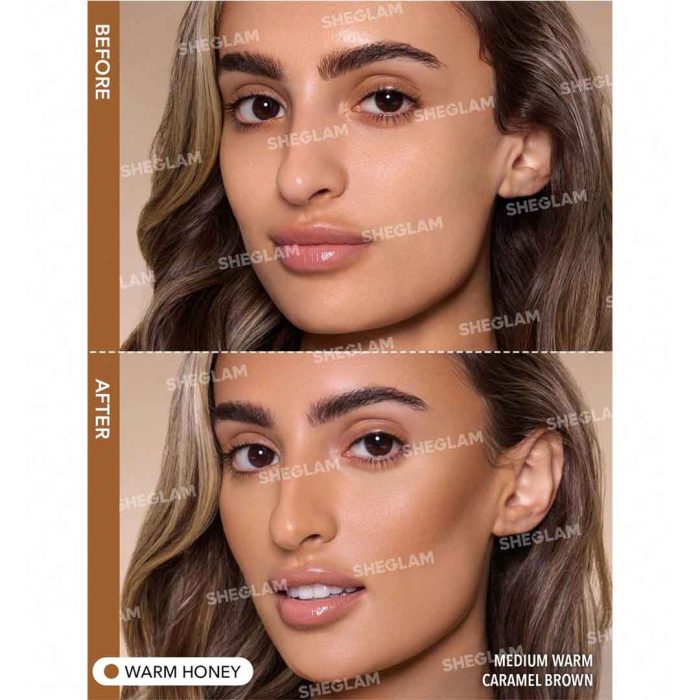 Model after applying Warm Honey contour with warm, balanced, professional look; natural, soft finish on cheekbones and jawline, without heaviness or cakiness, ideal for enhancing facial structure