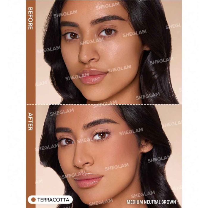 Model face after using Terracotta contour warm vibrant summer shadows natural sculpted cheeks and jaw SHEGLAM