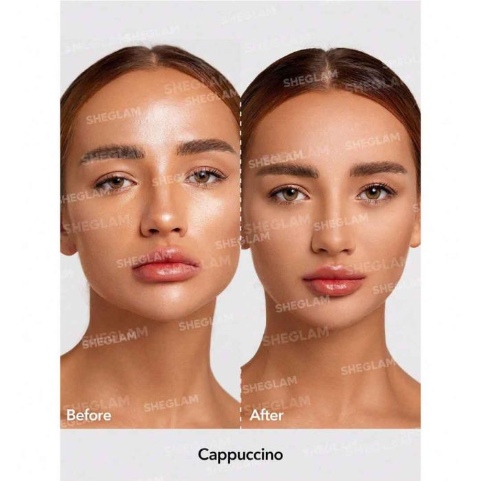 Model facial skin after using Cappuccino setting powder matte smooth even finish warm natural tone perfect for medium to deep skin sheglam
