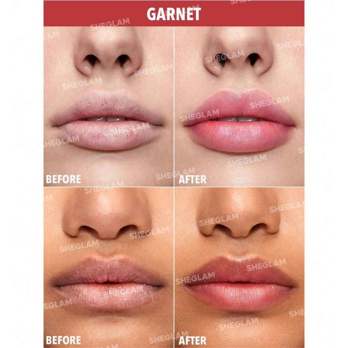 Model lips after using Garnet lip balm soft glossy lips with natural fruity red glow and hydration sheglam