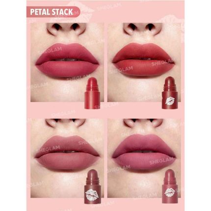 Model lips showing all four shades soft smooth texture full coverage in one swipe natural girly look in Petal range sheglam