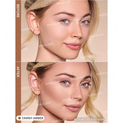 Model with Tawny Amber contour on cheeks, jaw, and temples; warm, natural, and deep finish without harsh edges, ideal for adding dimension and structure to dark skin tons, without greasy feel