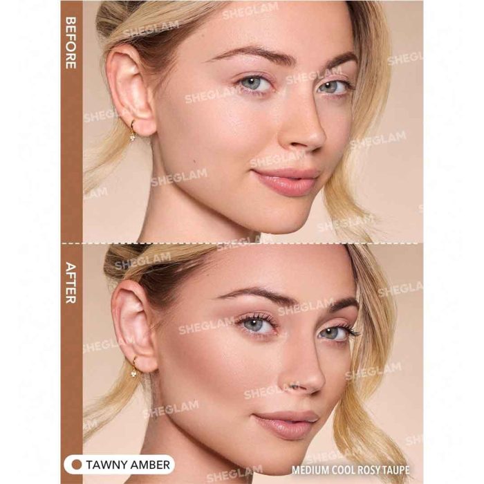 Model with Tawny Amber contour on cheeks, jaw, and temples; warm, natural, and deep finish without harsh edges, ideal for adding dimension and structure to dark skin tons, without greasy feel