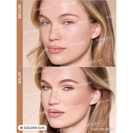 Model’s face after applying Golden Sun contour; naturally defined cheeks and jaw, warm tone suited for wheat to medium skin, professional and even finish for enhanced facial shaping Sheglam