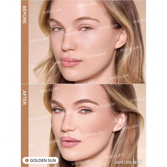 Model’s face after applying Golden Sun contour; naturally defined cheeks and jaw, warm tone suited for wheat to medium skin, professional and even finish for enhanced facial shaping Sheglam