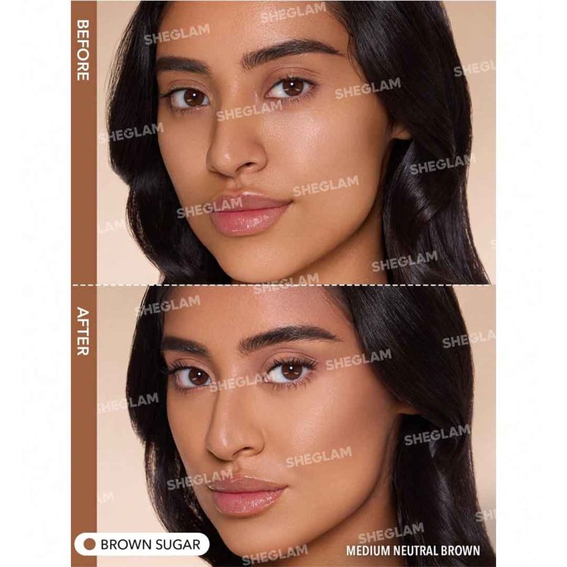 Model’s face after using Brown contour; warm natural look, adds depth and shape to cheeks and jawline, smooth matte finish – Sheglam