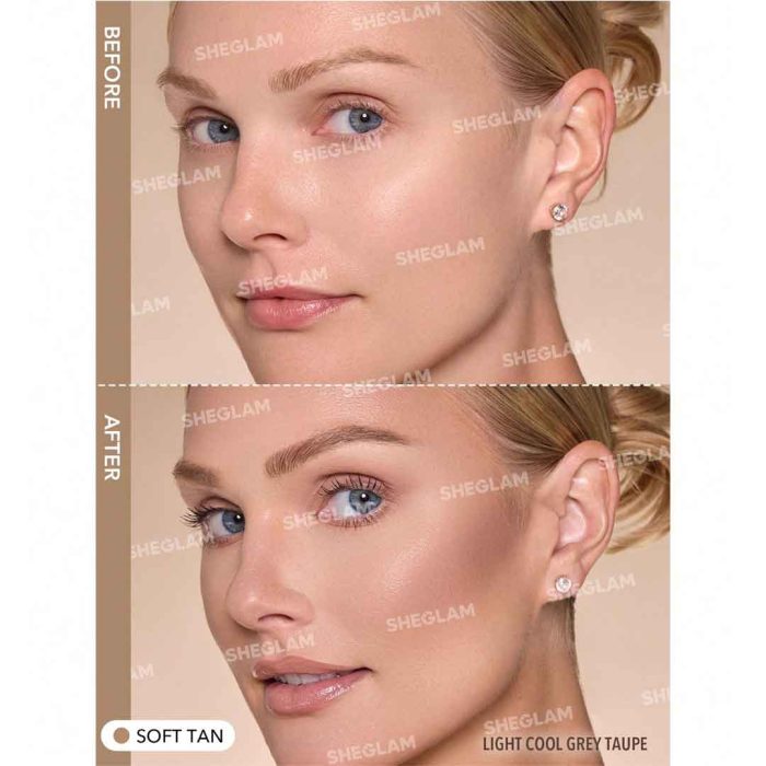 Model’s face after using Soft contour; natural, soft matte look with gentle highlights and no harsh lines, perfect for subtle shaping of cheeks and jawline – Sheglam
