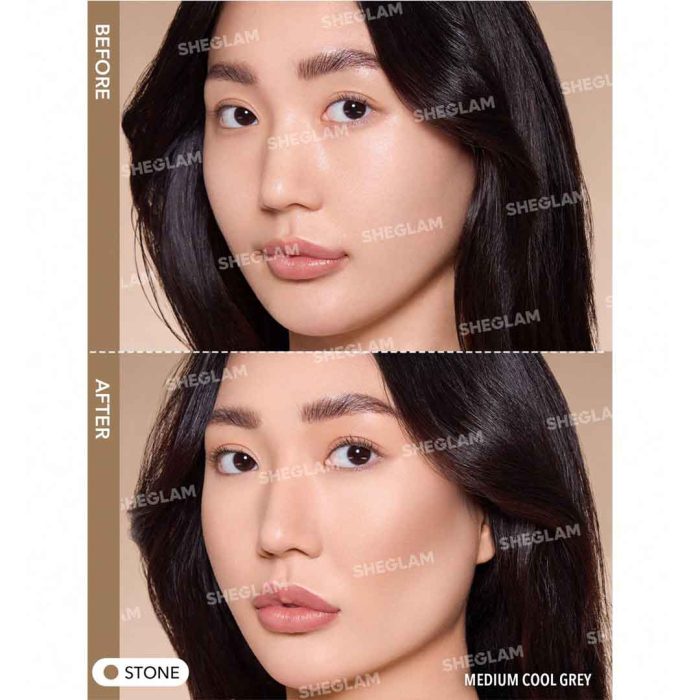 Model’s face after using Stone contour; soft neutral highlights and shadows, subtle shaping of cheeks and jaw without harsh lines, matte and smooth finish – SHEGLAM