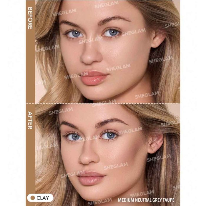 Model’s face using Clay contour with natural, balanced, and even finish; soft highlights on cheeks, jaw, and nose, shaping without harsh lines or artificial look Sheglam