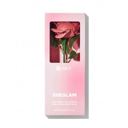 Small stylish blush box with modern design and clear lid ideal for easy carrying and daily makeup bag use featuring Sheglam logo and product matched color Sheglam