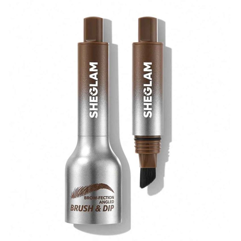 Two piece set with professional angled brush and small brow gel container simple compact design matte nude gray packaging sheglam