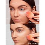 View of blender touching setting powder and softly applying on face or hand skin creating matte even coverage without streaks with natural finish Sheglam