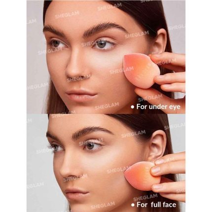 View of blender touching setting powder and softly applying on face or hand skin creating matte even coverage without streaks with natural finish Sheglam