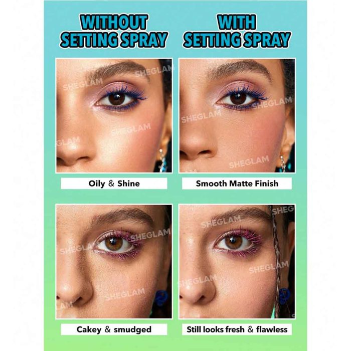 model’s face left side without makeup spray showing slightly powdery dry look with visible fine lines right side after using Rick and Morty makeup spray