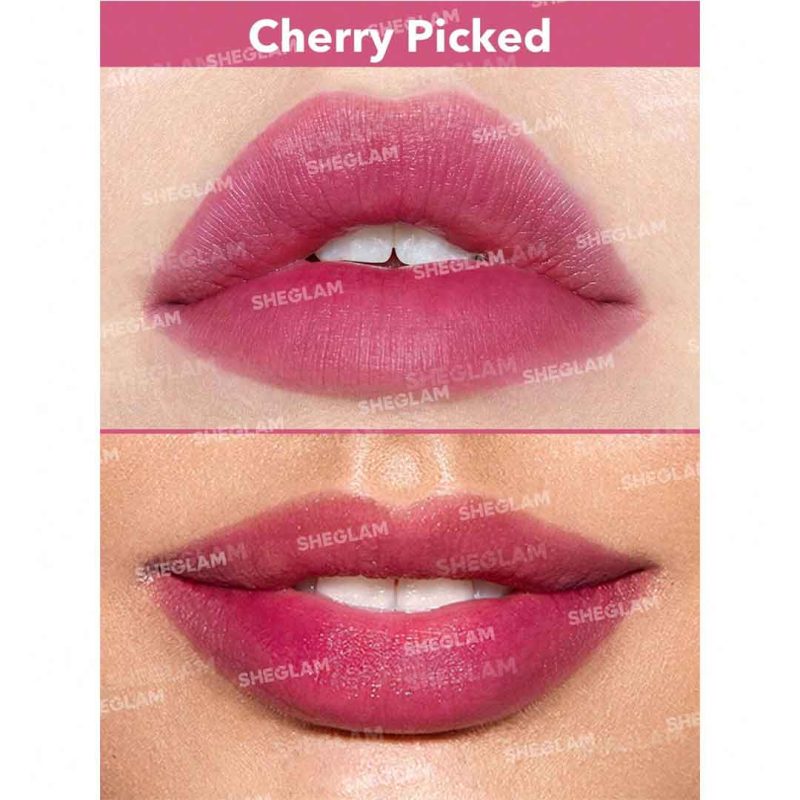 رنگ قرمز گیلاسی شیرین با درخشش ملایم، ظاهری شاداب و لطیف بدون ماسیدگی یا خشکی لب – شیگلم