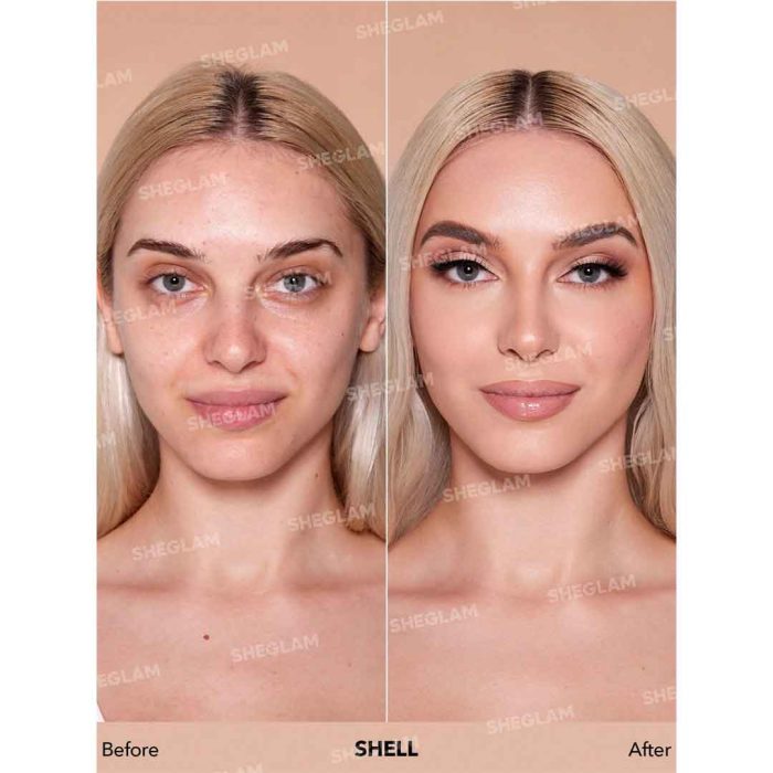 پوشش یکدست و بدون لک کرم پودر پمپی آبرسان روی صورت مدل با جلوه‌ای صاف و طبیعی–شیگلم