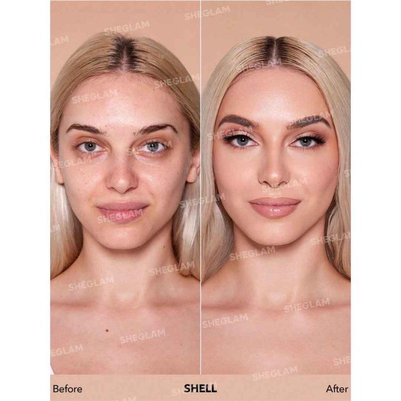 پوشش یکدست و بدون لک کرم پودر پمپی آبرسان روی صورت مدل با جلوه‌ای صاف و طبیعی–شیگلم